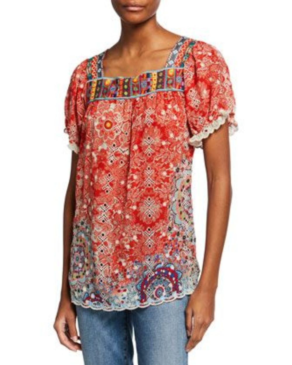 Johnny Was Kichica Padme Pansy Blouse Peasant Boho XL Square Neck Embroidered